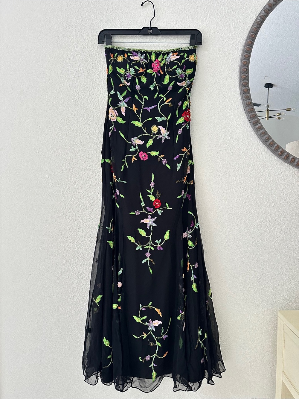 Strapless Black Floral-Embroidered Silk Evening Gown